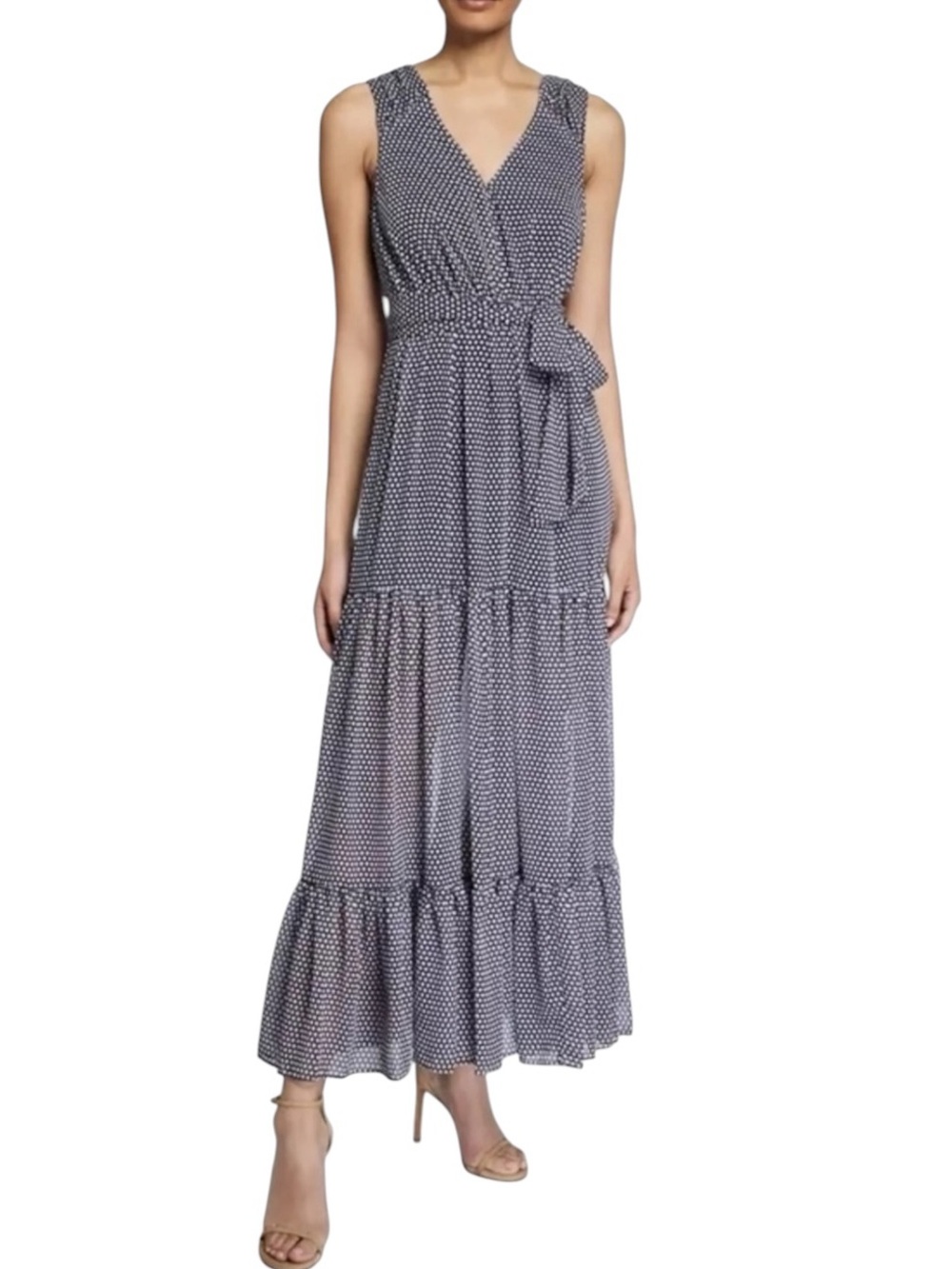 AVEC LES FILLES Navy Blush Polka Dot Flounce Tiered Ruffle Maxi Dress Size 14